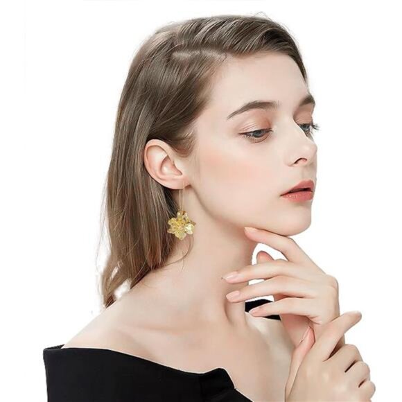 Bohemian Layered Flower Drop Earrings – Double Metal Petal Dangle Earrings - Picture 4 of 5